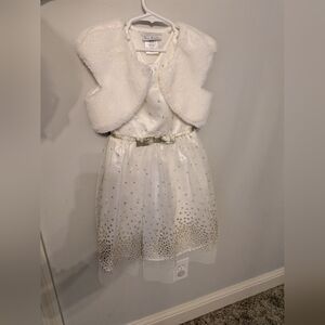 White and Silver 5T Girls Jona Michelle Dress with Faux Fur Vest